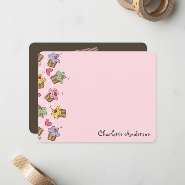 Sweet Cherry Cupcakes Chic Girl Birthday Thank You Note Card (Front/Back In Situ)