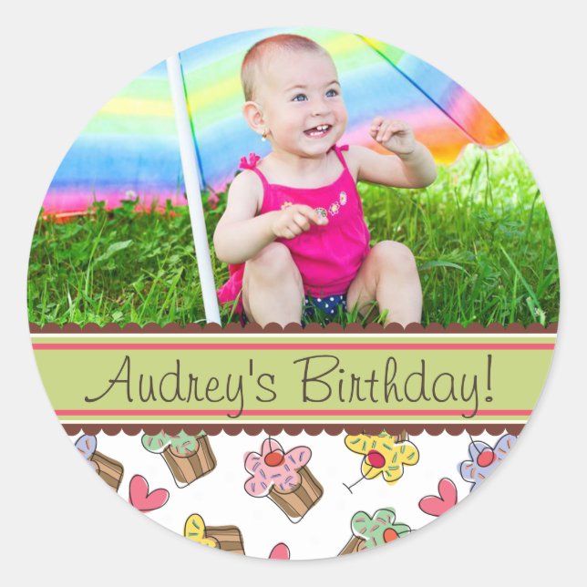 Sweet Cherry Cupcakes Girl Birthday Photo Sticker (Front)