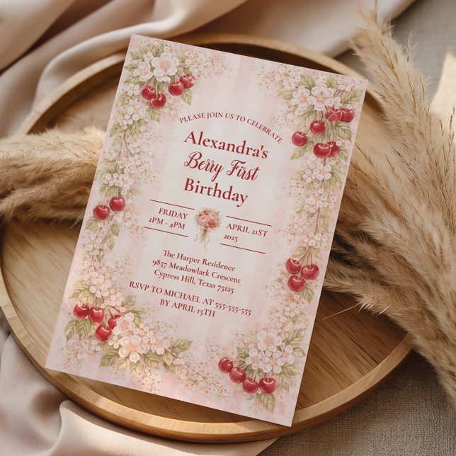 Sweet Cherry Floral First Birthday 1st Birthday Invitation (Creator Uploaded)