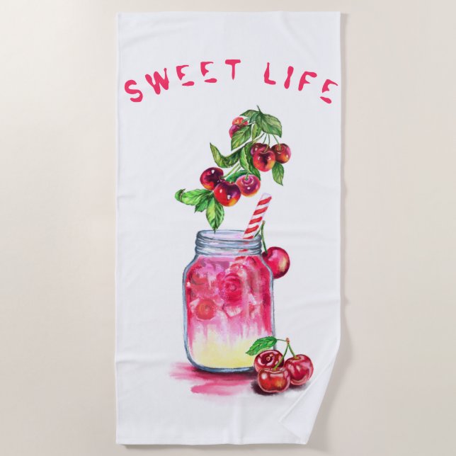 Sweet Cherry Juice Cool Drink Beach Towel (Front)