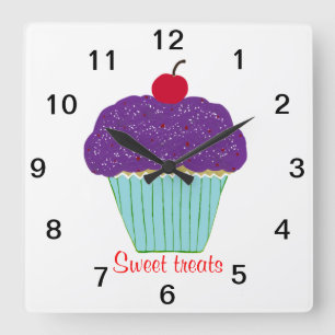 Sweet Cherry on Top Purple Frosting Cupcake Square Wall Clock