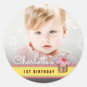 Sweet Cherry Pink Cupcake Birthday Photo Sticker