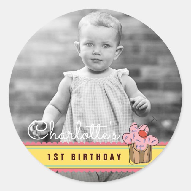 Sweet Cherry Pink Cupcake Birthday Photo Sticker (Front)