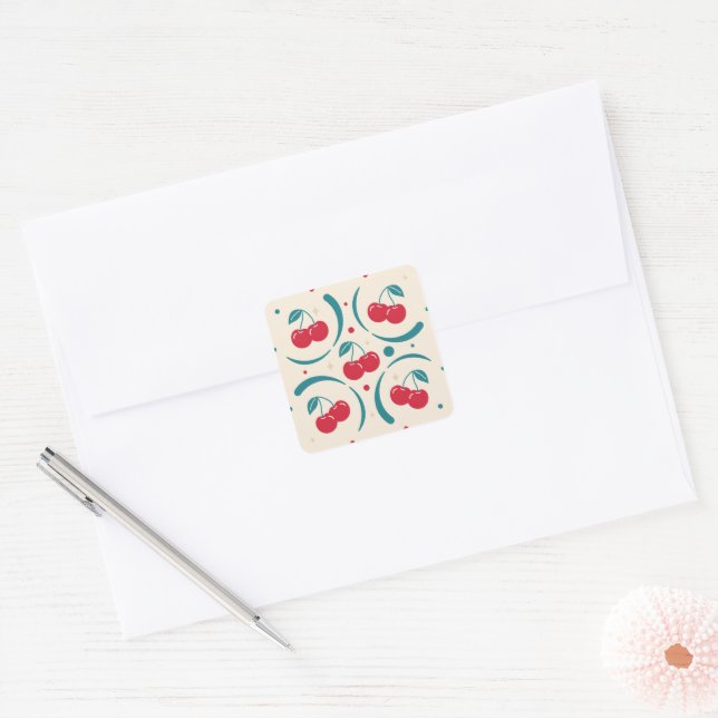 Sweet Cherry Retro Pattern Summer Celebration Square Sticker (Envelope)