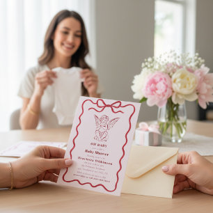 Sweet Cherub Red Bow Pink Baby Shower Card