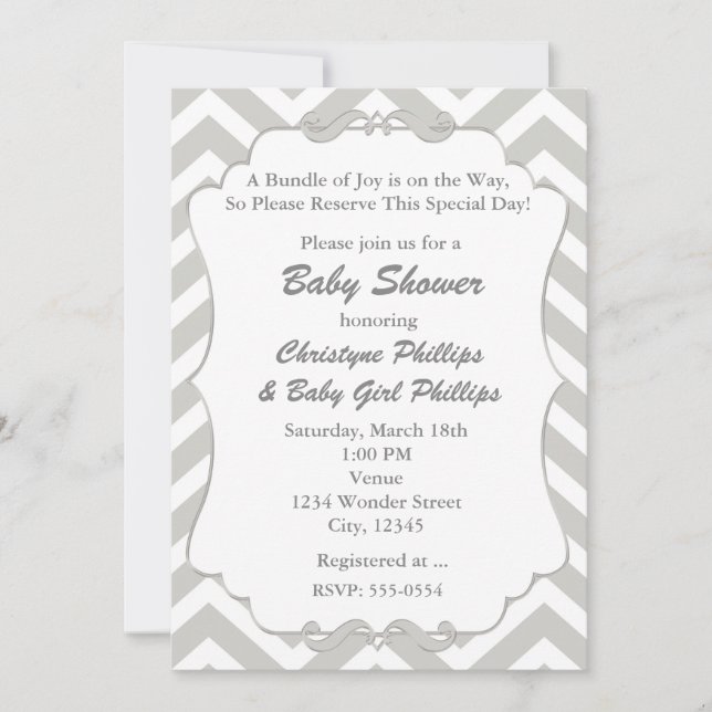 Sweet Chevron White & Grey Baby shower Invitation (Devant)