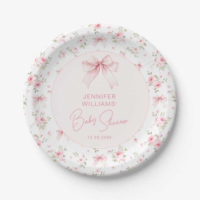 Sweet Chic Pink Floral Bow Baby Girl Shower Paper Plate (Front)