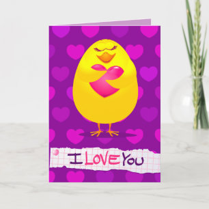 Sweet chick in love with message, greeting card
