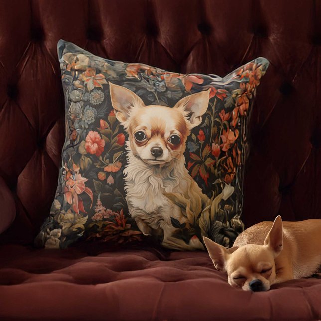 Sweet Chihuahua in a William Morris Style Garden Throw Pillow (Creator Uploaded)