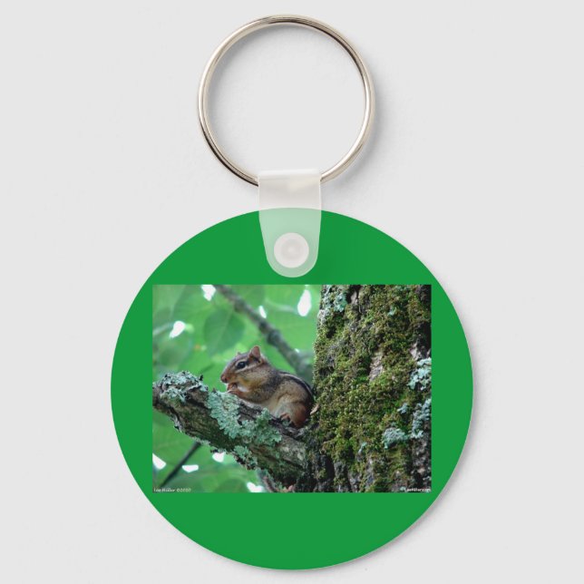 Sweet Chipmunk in a Tree Apparel and Gifts Keychain (Front)