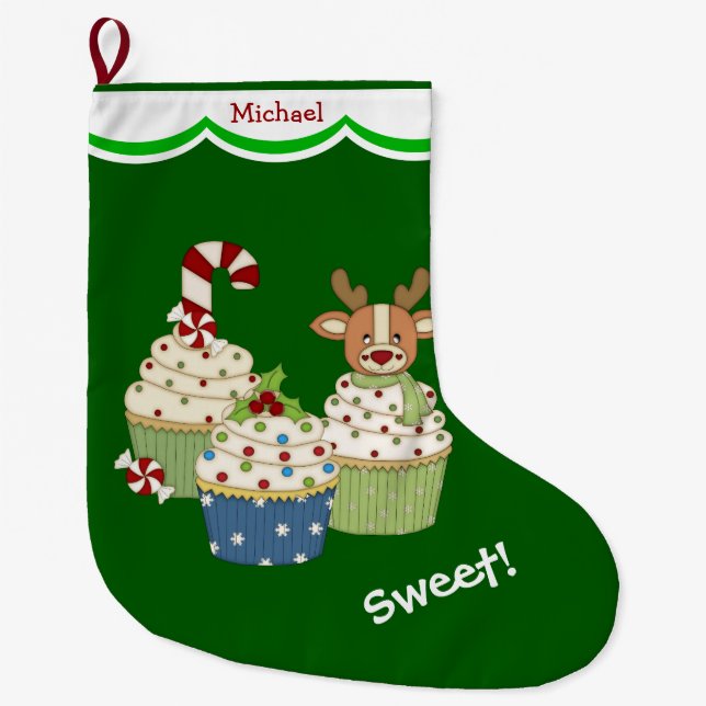Sweet Christmas Cupcakes Personalized Large Christmas Stocking (Front)