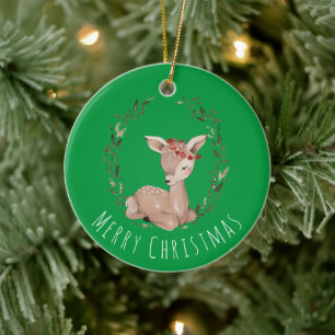 Sweet Christmas Fawn Wreath Ceramic Ornament