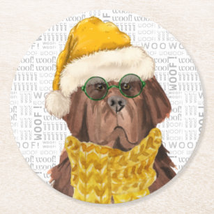 Sweet Christmas Newfoundland Dog Lover Holiday Round Paper Coaster