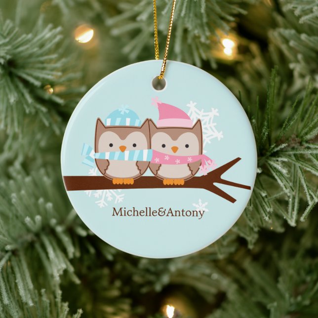 Sweet Christmas Owls Couple Newlywed Christmas Ceramic Ornament (Tree)