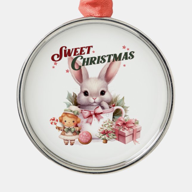 Sweet Christmas Pink Bunny Metal Ornament (Front)