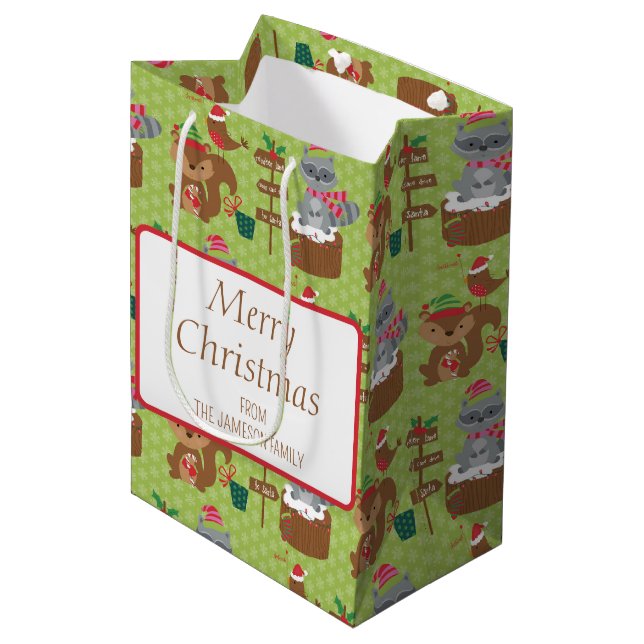 Sweet Christmas Raccoon and Squirrel & Snowflakes Medium Gift Bag (Front Angled)
