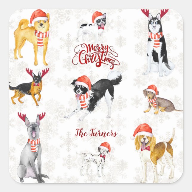 Sweet Christmas Santa hat Dogs Monogram Square Sticker (Front)