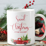 Sweet Christmas Vintage Red Truck, Holiday Coffee Mug<br><div class="desc">Customize this beautiful Christmas holiday mug with your own text at the bottom, add family name or anything you like! Design with attractive "Sweet Christmas" phrase in red hand written Script typography. Below gorgeous watercolor old fashion vintage red truck carrying Christmas trees on the back. In the middle small detail...</div>