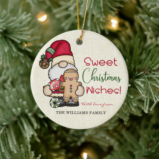 Sweet Christmas Wishes Gnome Gingerbread  Ceramic Ornament (Tree)