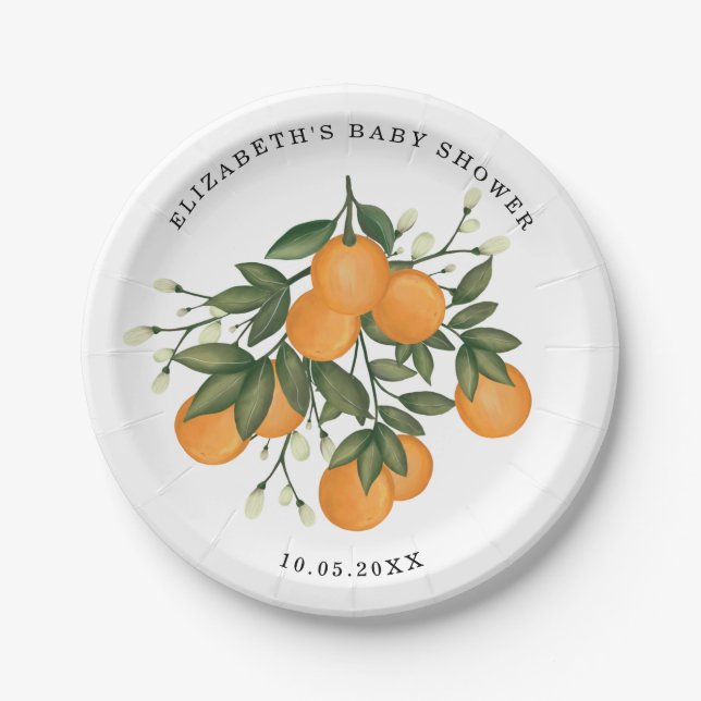 Sweet Citrus Greenery Summer Orange Shower Decor Paper Plate (Front)