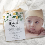 Sweet Citrus Lemon & Greenery Baby Shower Photo Thank You Card<br><div class="desc">Thank friends and family for making your baby shower special and for all of the lovely gifts with these Cute Citrus Lemon & Greenery Baby Shower thank you cards. Featuring a rustic white textured affect background, watercolor boho yellow lemons with handpainted foliage and a photo of your choice. The template...</div>