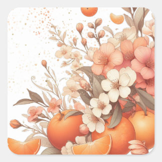 Sweet Citrus Oranges and Flowers New Address Square Sticker