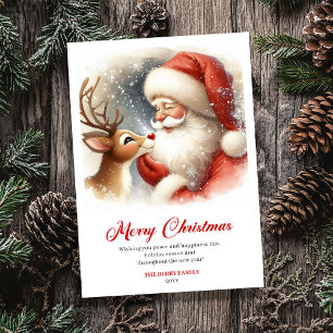 Sweet Classic Santa With Rudolph Holiday Greeting Card