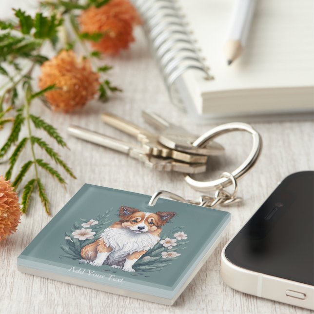 Sweet Collie surrounded by Flowers -  Keychain (Front Right)