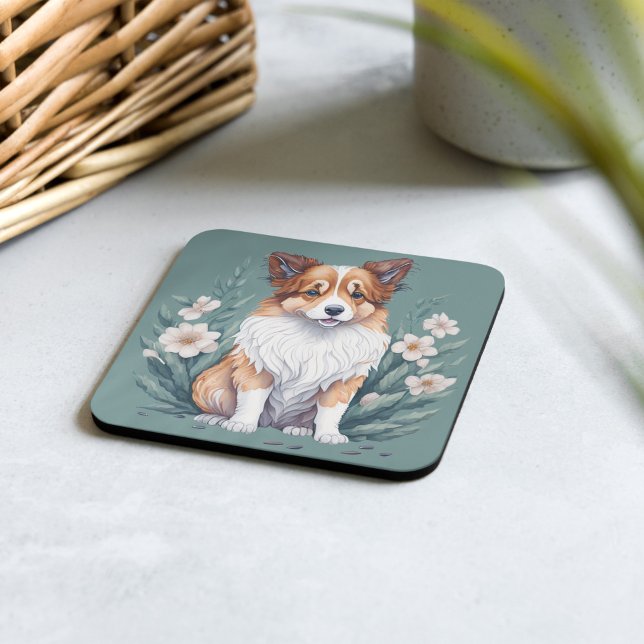 Sweet Collie surrounded by flowers -  Square Paper Coaster (Creator Uploaded)