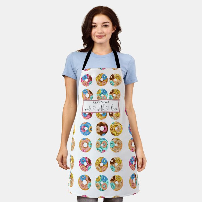 Sweet Colourful Doughnuts Calligraphy Monogram Apron (Worn)