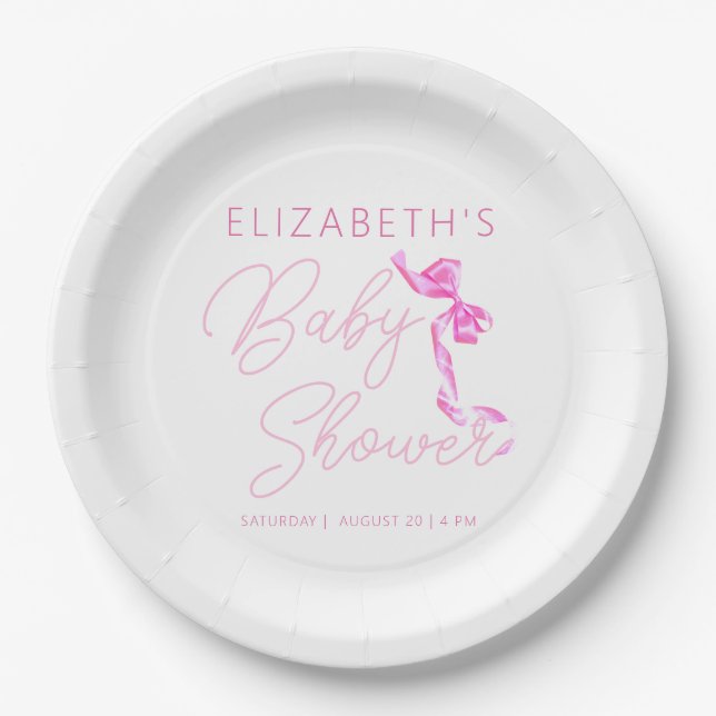 Sweet Coquette Pink Bow Tie Elegant Baby Shower Paper Plate (Front)