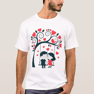Sweet Couple on Swing Graphic Romantic Heart Tree T-Shirt