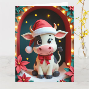 Sweet Cow with Santa Hat in Snowy Stable Scene Card