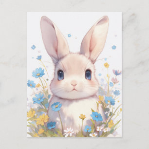 Sweet Cream Rabbit in Blue Wildflower Meadow Postcard