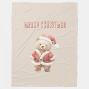 Sweet Cream Teddy Bear Santa Christmas Fleece Blanket
