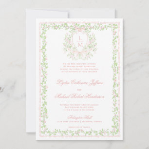 Sweet Crest w/ Blush Pink Bow   Monogram Wedding Invitation