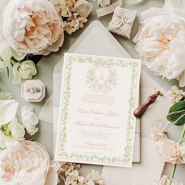 Sweet Crest w/ Blush Pink Bow | Monogram Wedding Invitation (Envelope shown is not the envelope style included, which has a square flap.)