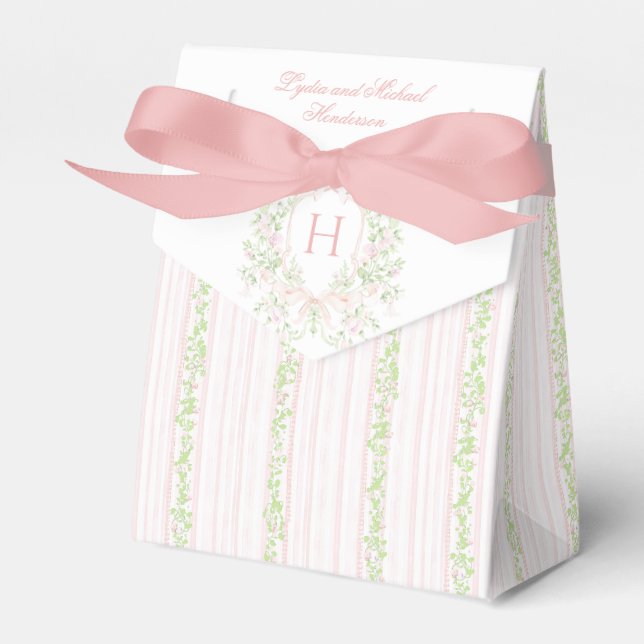 Sweet Crest w/ Blush Pink Bows | Wedding Favor Box (Front Side)
