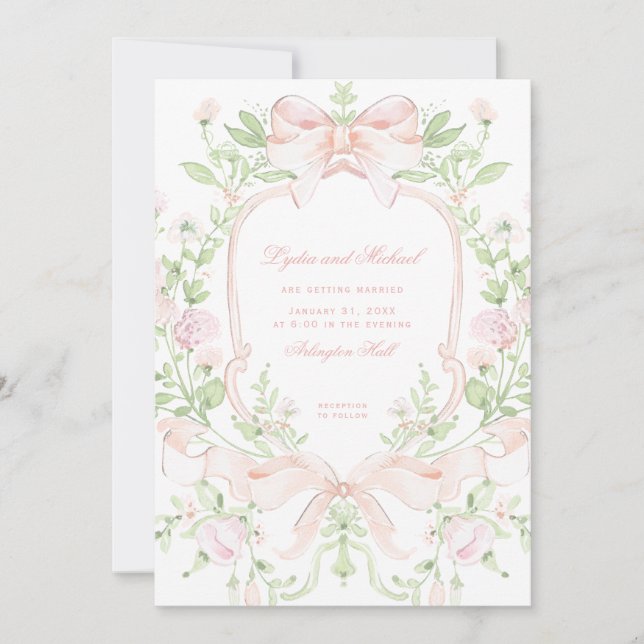 Sweet Crest w/ Blush Pink Wedding Bows Invitation (Front)
