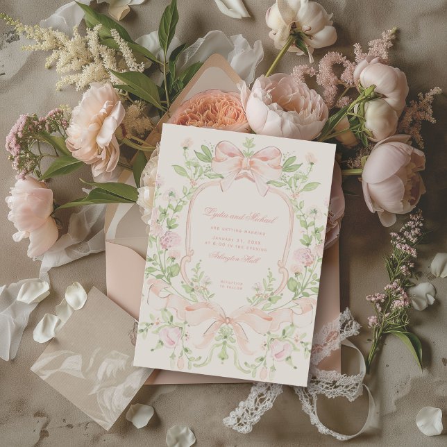 Sweet Crest w/ Blush Pink Wedding Bows Invitation (Creator Uploaded)