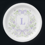 Sweet Crest w/ Lavender Bows | Bridal Shower Paper Plate<br><div class="desc">The elegant watercolor monogram crest gives this bridal shower paper plate design a beautiful and timeless look that any sophisticated bride will love.   Personalize this design with your initial inside the crest. 

Colours include,  lavender and green.</div>