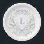 Sweet Crest w/ Lavender Bows | Bridal Shower Paper Plate<br><div class="desc">The elegant watercolor monogram crest gives this bridal shower paper plate design a beautiful and timeless look that any sophisticated bride will love.   Personalize this design with your initial inside the crest. 

Colours include,  lavender and green.</div>