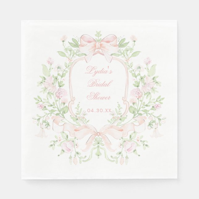 Sweet Crest w/ Pink Bows | Monogram Bridal Shower Napkin (Front)