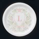 Sweet Crest w/ Pink Bows | Monogram Bridal Shower Paper Plate<br><div class="desc">The elegant watercolor monogram crest gives this bridal shower paper plate design a beautiful and timeless look that any sophisticated bride will love.   Personalize this design with your initial inside the crest. 

Colours include,  light pink and green.</div>