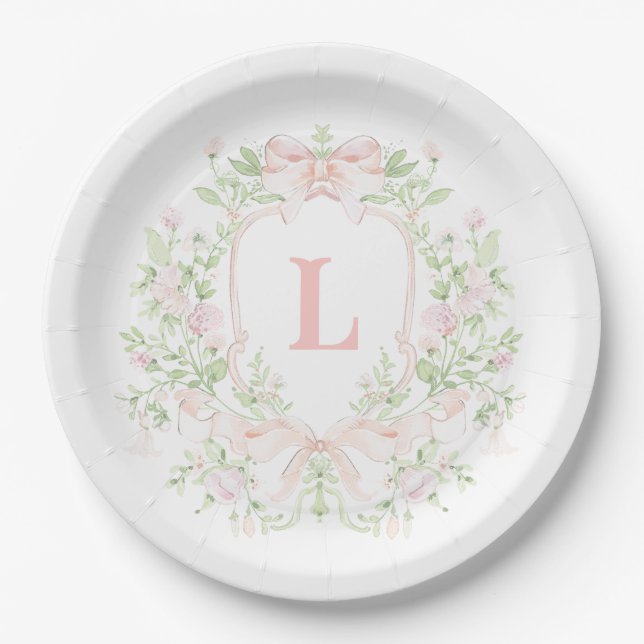 Sweet Crest w/ Pink Bows | Monogram Bridal Shower Paper Plate (Front)