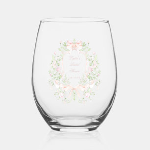 Sweet Crest w/ Pink Bows Monogram Bridal Shower Stemless Wine Glass