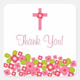 Sweet Cross Pink Floral First Holy Communion Square Sticker