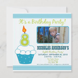 Sweet Cupcake 8th Birthday Party Invitation Aqua