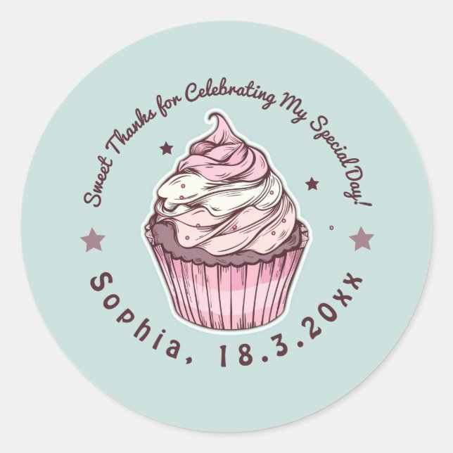 Sweet Cupcake Birthday Celebration Thank You  Classic Round Sticker (Front)