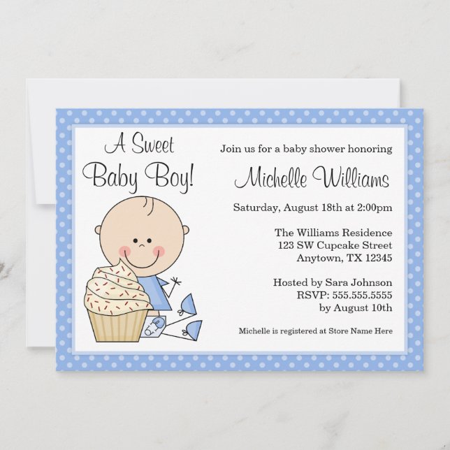 Sweet Cupcake Blue Polka Dot Boy Baby Shower Invitation (Front)